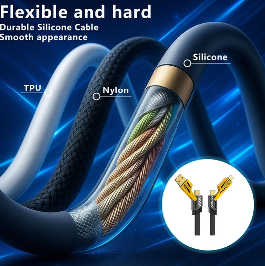 4 in 1 Fast Charging Cable | Multi-Port USB-C to Type-C & Lightning | Nylon Braided Fast Charger for iOS & Android (1 Pc / Loose)