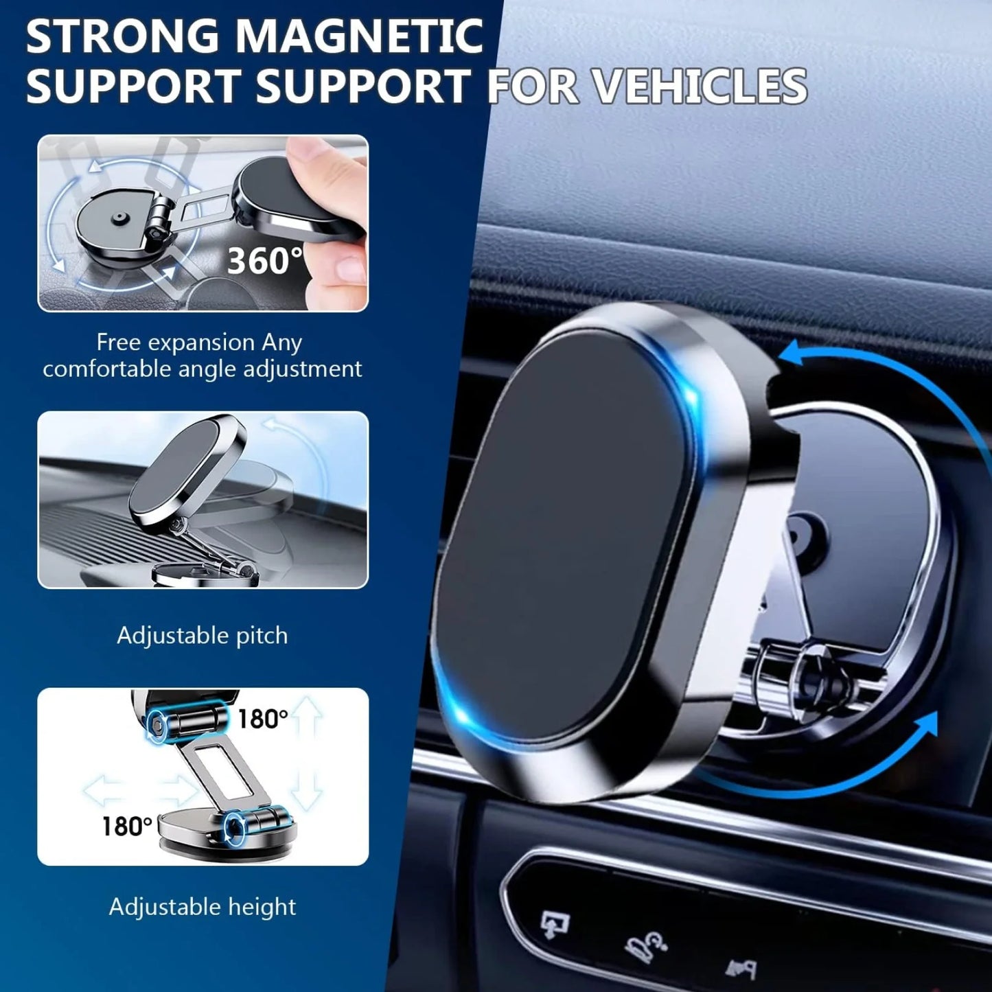 360° Rotating Magnetic Car Phone Holder | Metal Folding Magnetic Mount | Strong Alloy Dashboard & Windshield Holder (1 Pc)