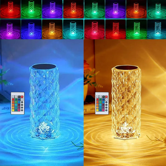 Crystal Rose Diamond Touch Lamp – 16 Color Night Light with Remote & USB Rechargeable