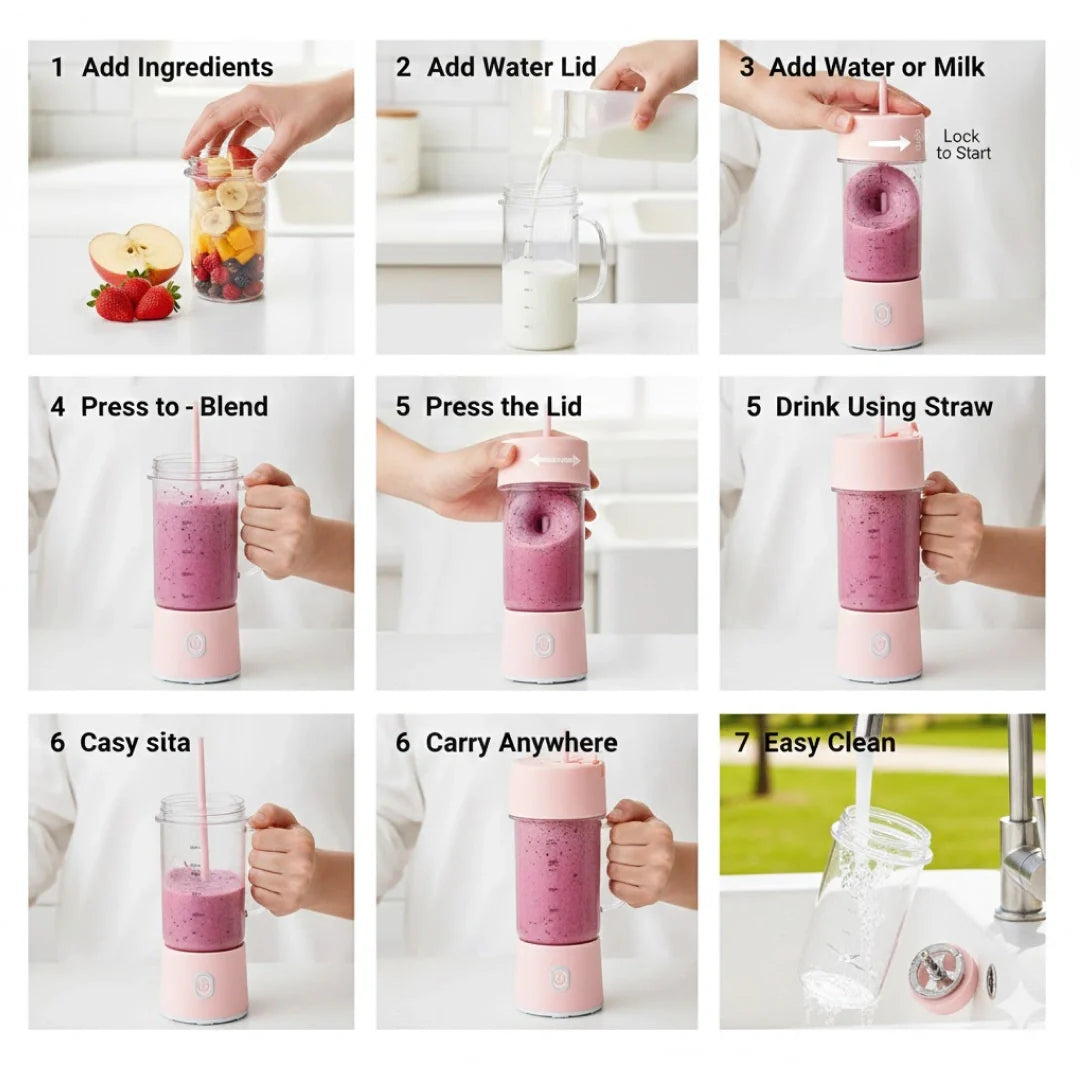 Portable USB Rechargeable 6-Blade Juicer Blender – 420ml Travel Smoothie Maker with Handle & Straw