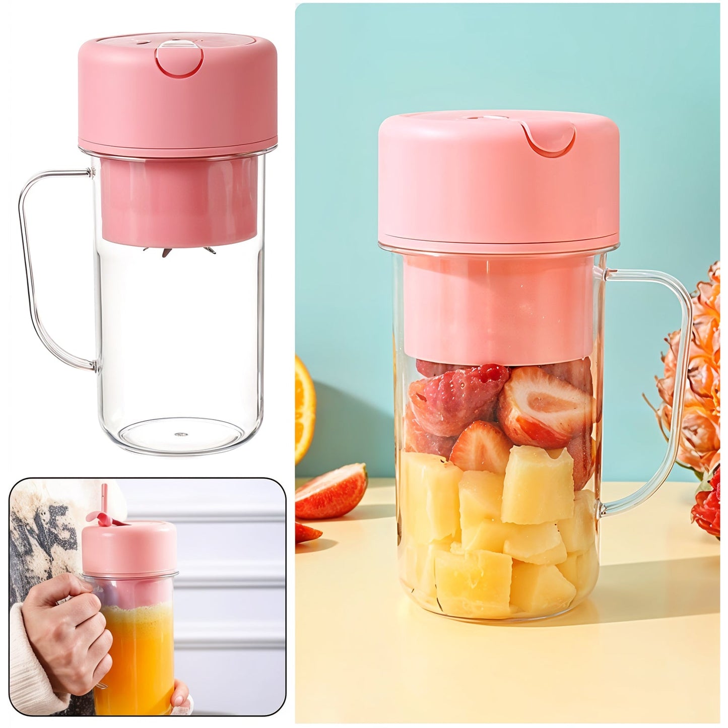 Portable USB Rechargeable 6-Blade Juicer Blender – 420ml Travel Smoothie Maker with Handle & Straw