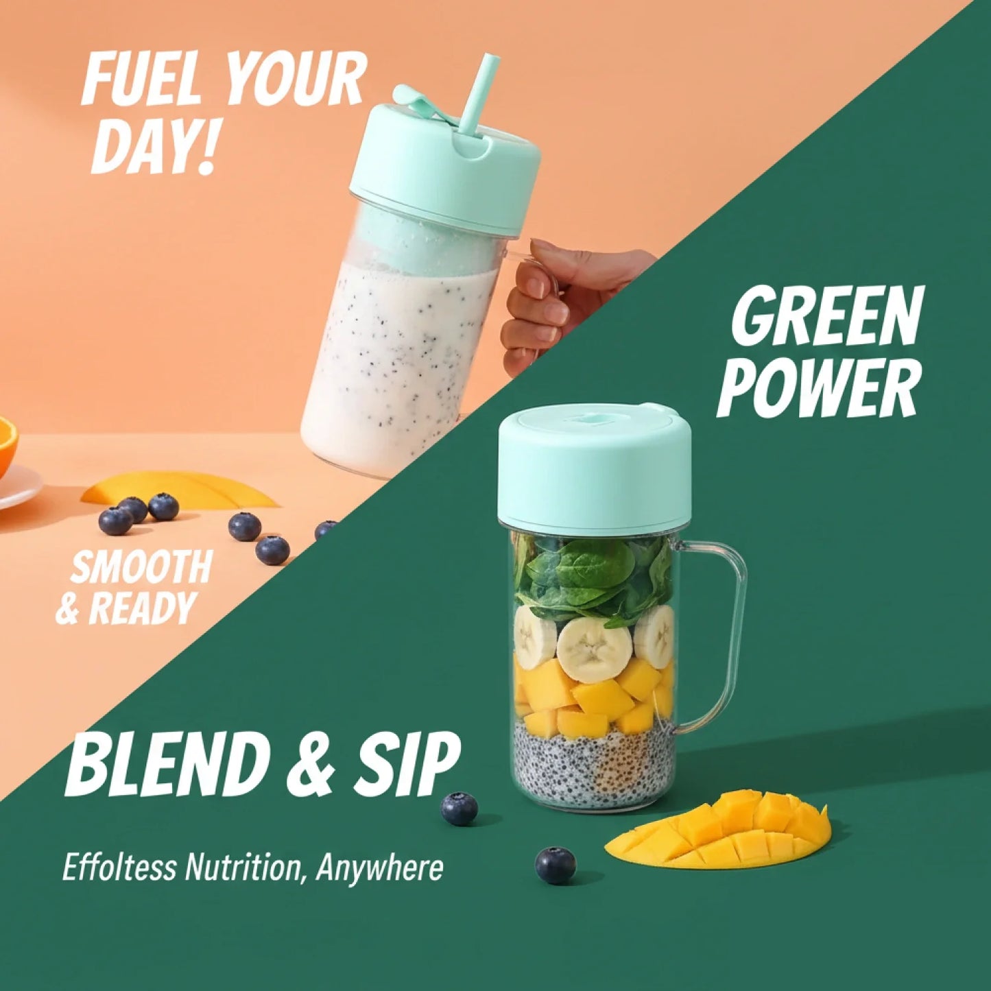 Portable USB Rechargeable 6-Blade Juicer Blender – 420ml Travel Smoothie Maker with Handle & Straw