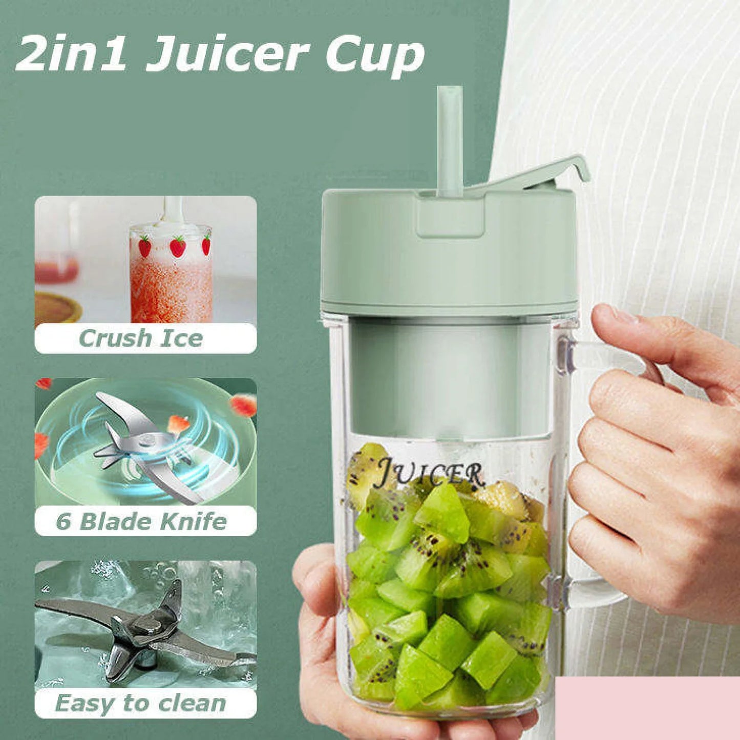 Portable USB Rechargeable 6-Blade Juicer Blender – 420ml Travel Smoothie Maker with Handle & Straw