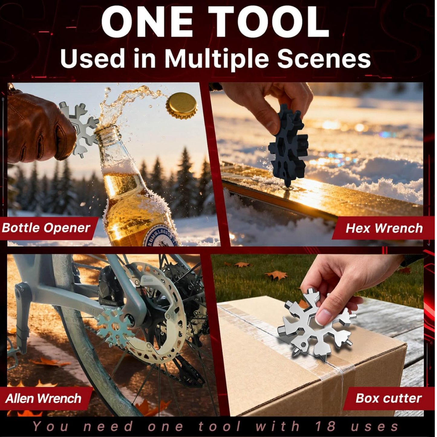 Durable & Portable 18-in-1 Snowflake Multi-Tool | Stainless Steel Pocket Tool with Bottle Opener, Screwdrivers, Allen Wrench & Box Cutter | Compact EDC Utility Tool