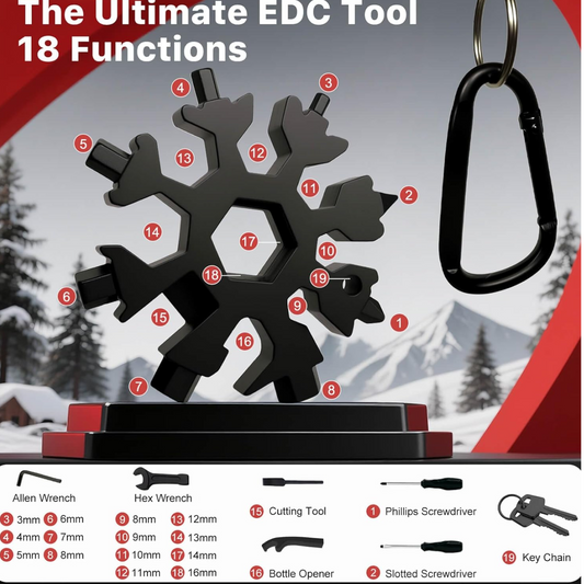 Durable & Portable 18-in-1 Snowflake Multi-Tool | Stainless Steel Pocket Tool with Bottle Opener, Screwdrivers, Allen Wrench & Box Cutter | Compact EDC Utility Tool