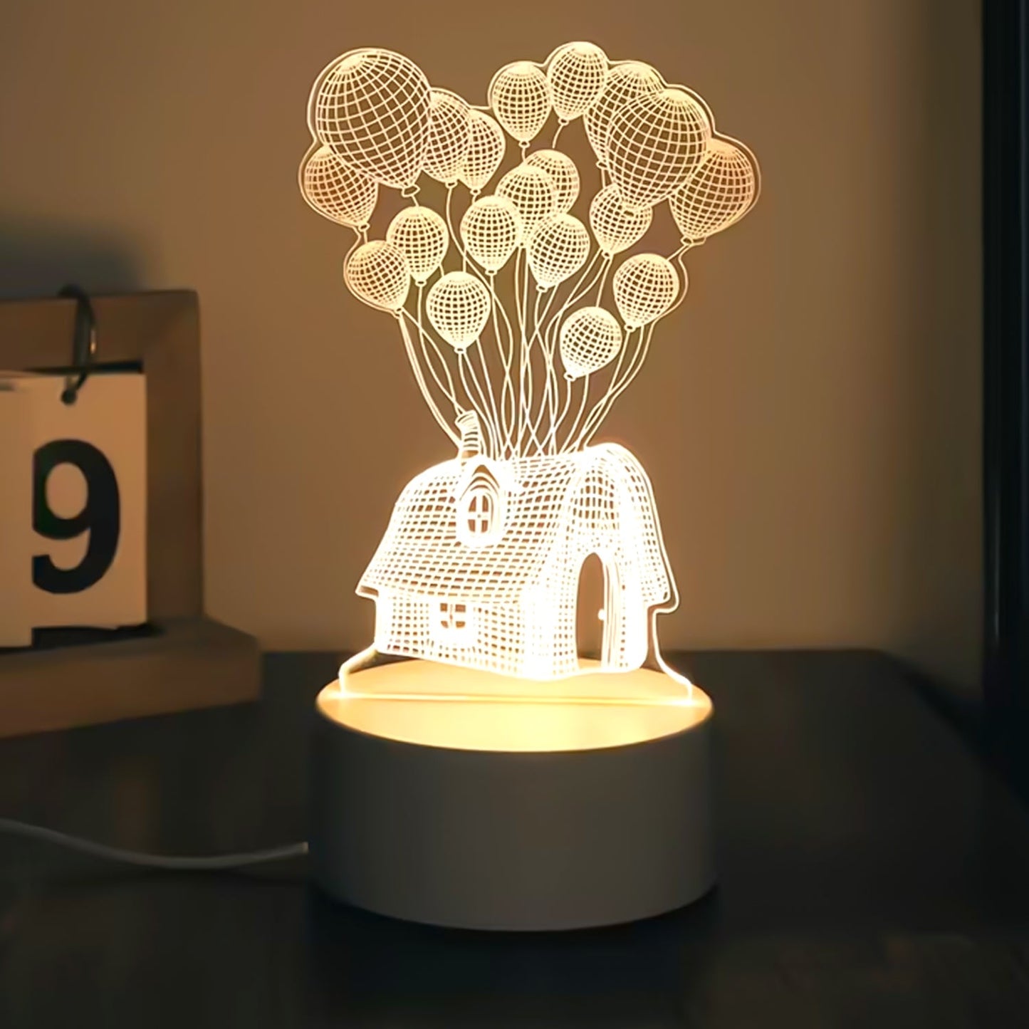 3D Illusion LED Lamp – House & Balloons Design USB Night Light
